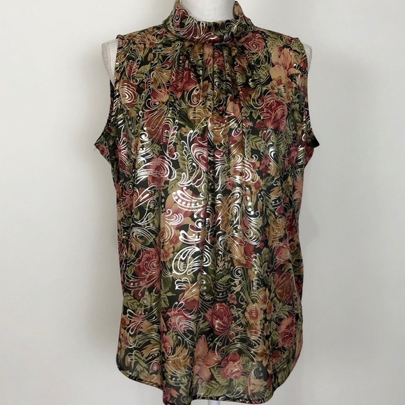 Dina Ariel Tops - Dina Ariel Sleeveless Floral and Metallic Top